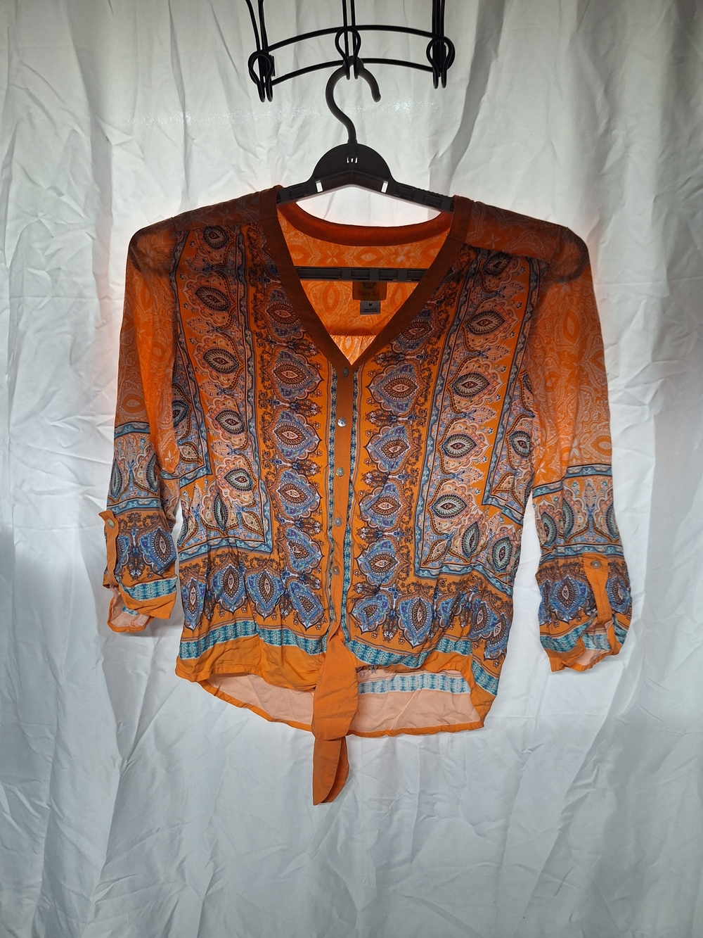 Ruby Rd. Orange Paisley Tie-Front V-Neck Blouse